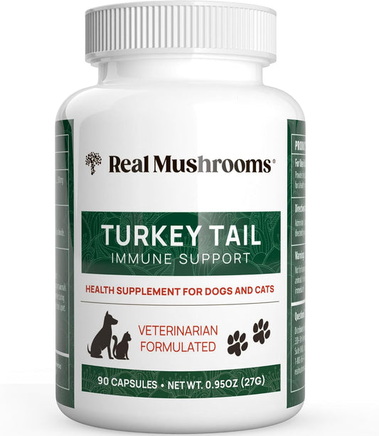 Real Mushrooms Turkey Tail Capsules for Pets –Cat Probiotics & Dog Vitamins – Organic Mushroom Supplement for Dogs & Cats – Supports Daily Balance & Well-Being Non-GMO, 90 ct