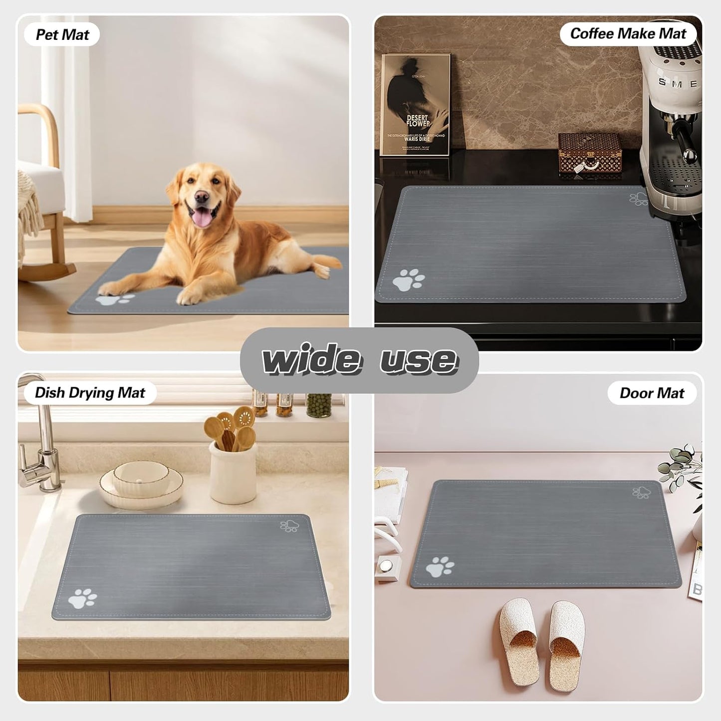 Le courant Cat & Dog Feeding Mat for Bowl-Pet Eating mat,Absorbent Non-Slip,Quick Dry Dog Water Bowl Dispenser Mat,Backing Pet Placemat for Messy Drinkers,Grey.Dog Paw-11.8x19.7 in