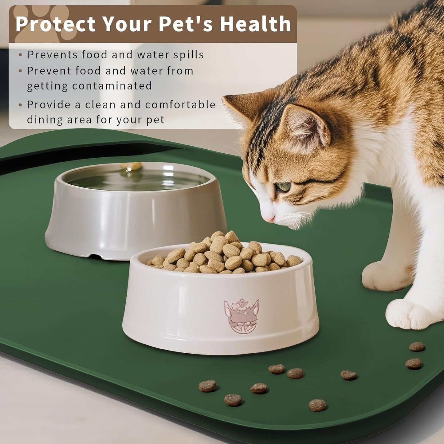 Silicone Pet Feeding Mat with Raised Edge & Residue Collection Pocket for Food and Water, Dog Bowl Mats, Cat Bowls Placemat with High Lip for Floor Waterproof, 22 x 14 x 0.8 Dark Olive