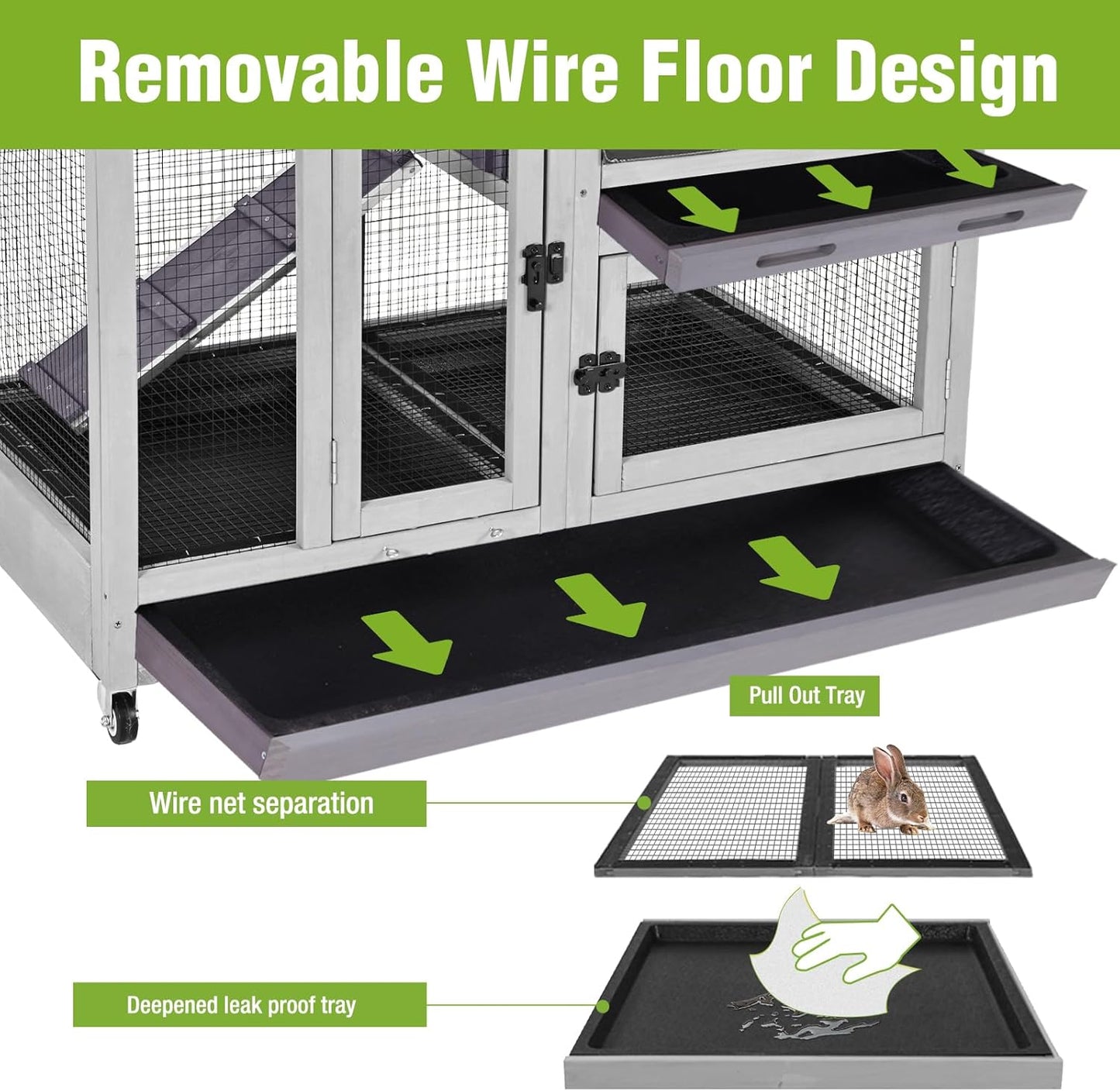 GUTINNEEN Indoor Rabbit Hutch Guinea Pig Cages with Chew-Proof Ramp, 2-Story Wooden Bunny House with Pull-Out Tray & Lockable Caster Wheels, Small Animal Cage for 2-4 Rabbits & Guinea Pigs (Grey)