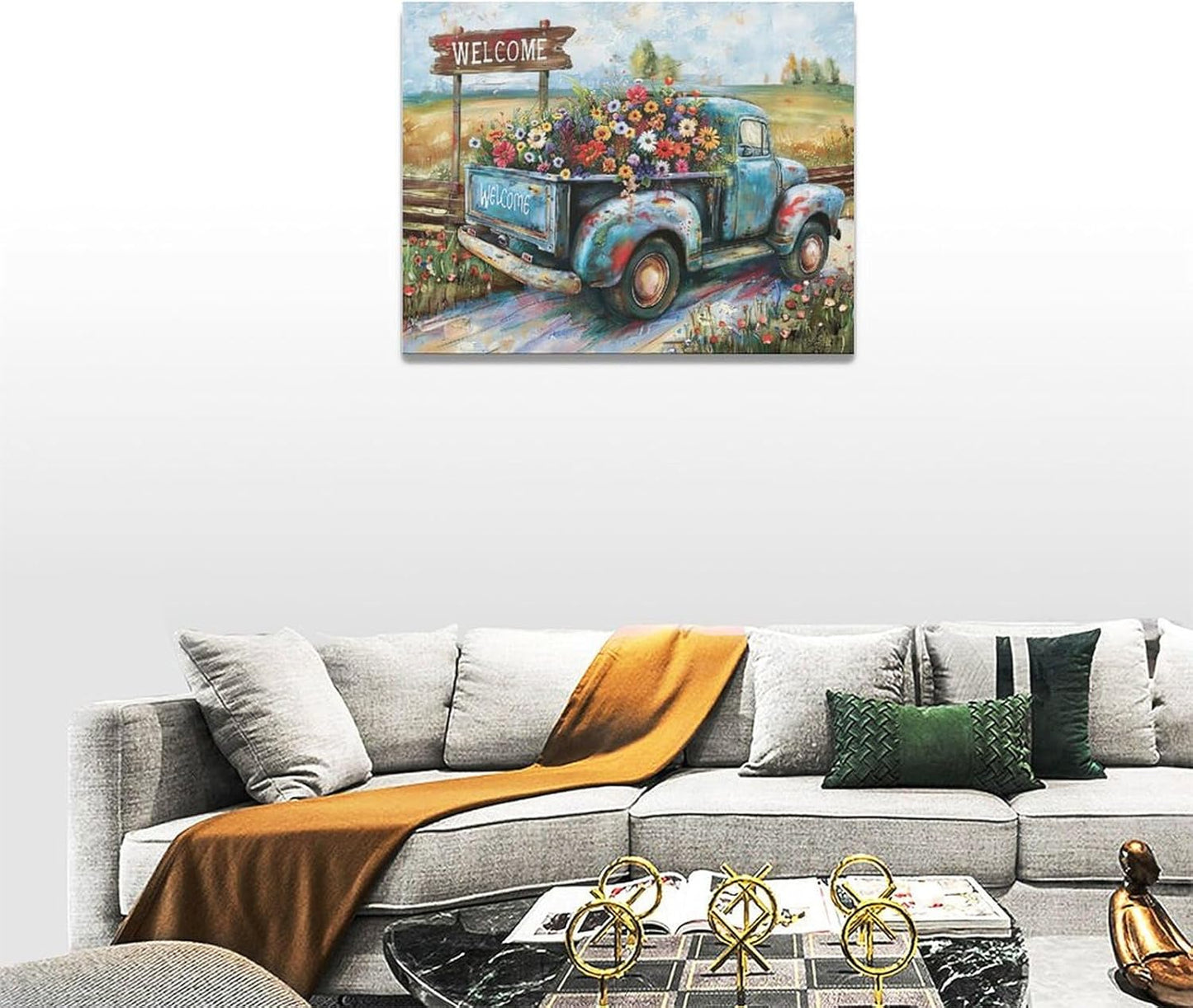 Farmhouse Truck Wall Art Rustic Country Wildflowers Wall Decor Road Flowers Landscape Pictures Canvas Print Painting Artwork for Bathroom Living Room Bedroom 12"x16"