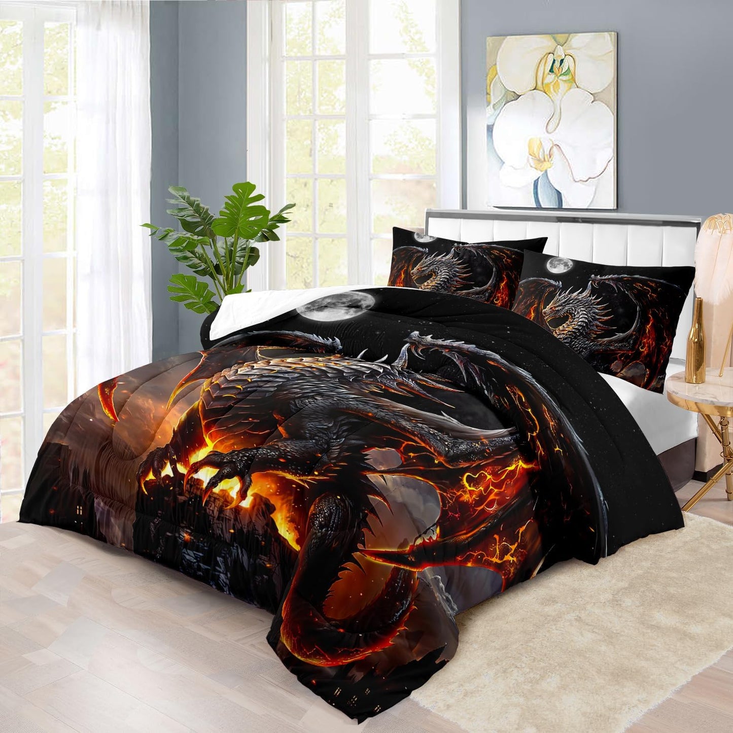 Black Dragon Comforter Set Full Adult,Flame Dragon Bedding Set for Boys,Magical Beast Bedding Fantasy Animal Comforter Beedroom Decor,Magical Beast Quilt Bed Decor
