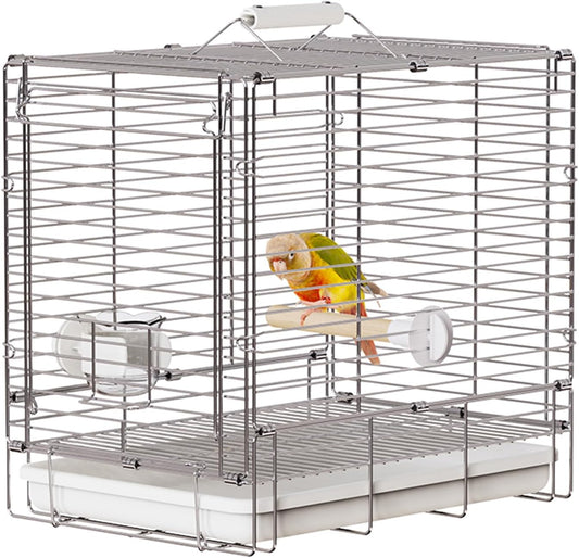 Bird Carrier Travel Cage - 304 Stainless Steel Portable Folding Bird Travel Cage with Parrot Feeder Cups & Standing Perch for Smaller Birds Conures Lovebird Cockatiel Parakeets (White)