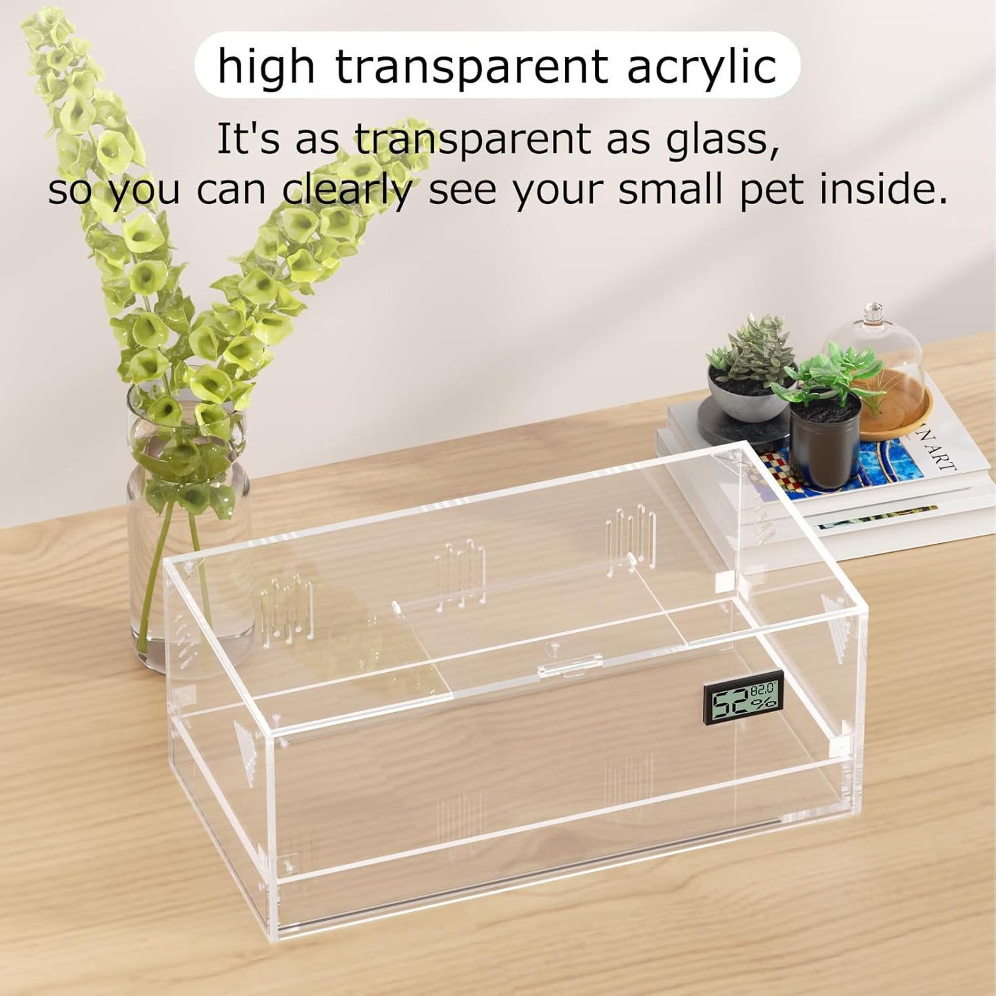 Acrylic Tarantula Enclosure, Reptile Terrarium Breeding Tank w/Temperature Hygrometer,Habitat Reptiles Feeding Box Isopod Terrarium Cage for Insect Lizard Home Office (Reptile-Tank-L(Tray))