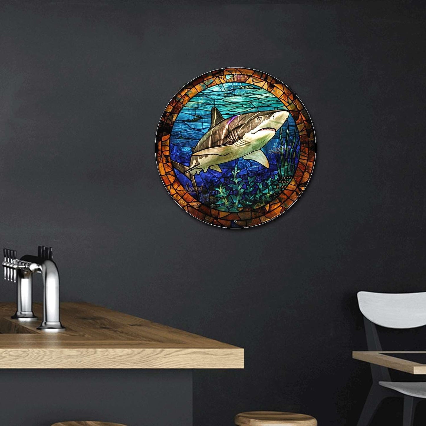 Lygond Metal Sign Tin Sign Circular Stained Glass Shark Funny Outdoor Decor for Garage 8×8 Inches