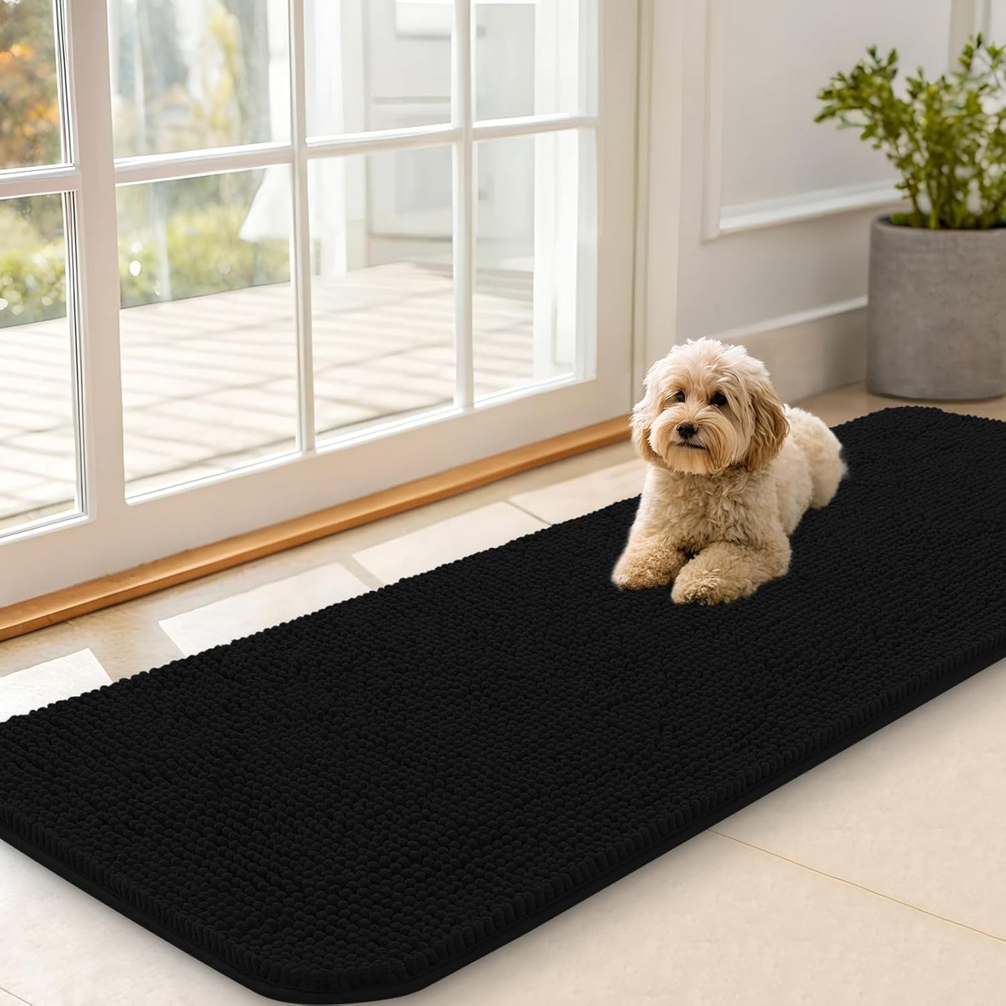 OLANLY Dog Door Mat for Muddy Paws 59x20, Absorbs Moisture and Dirt, Absorbent Non-Slip Washable Doormat, Quick Dry Chenille Mud Mat for Dogs, Entry Indoor Entryway Carpet for Inside Floor, Black