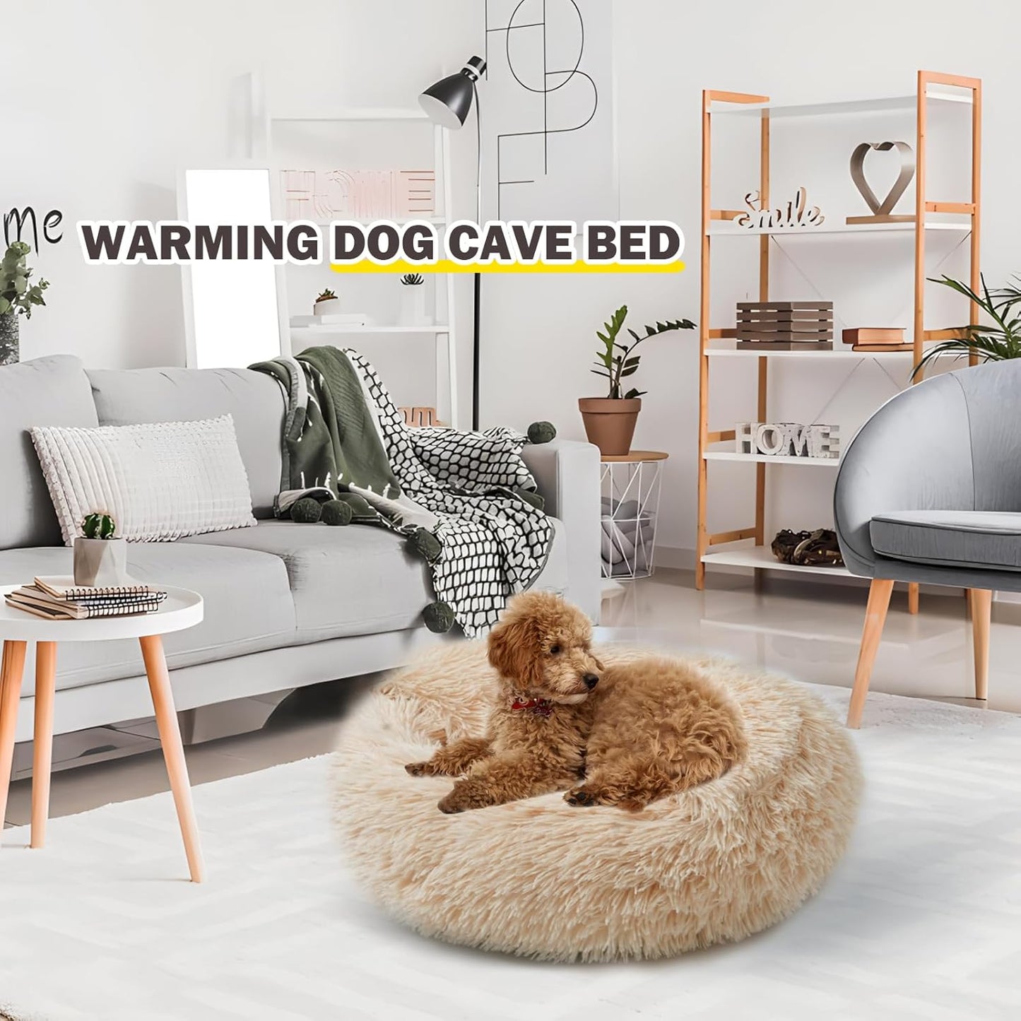 Cat Bed for Indoor Cats, Calming Cozy Cave with Self-Warming Plush, Entire Bed Machine Washable & Anti-Slip Base, Breathable Pet Bed for Small Cats&Dogs All Seasons (Apricot Color, 24 * 24inch)