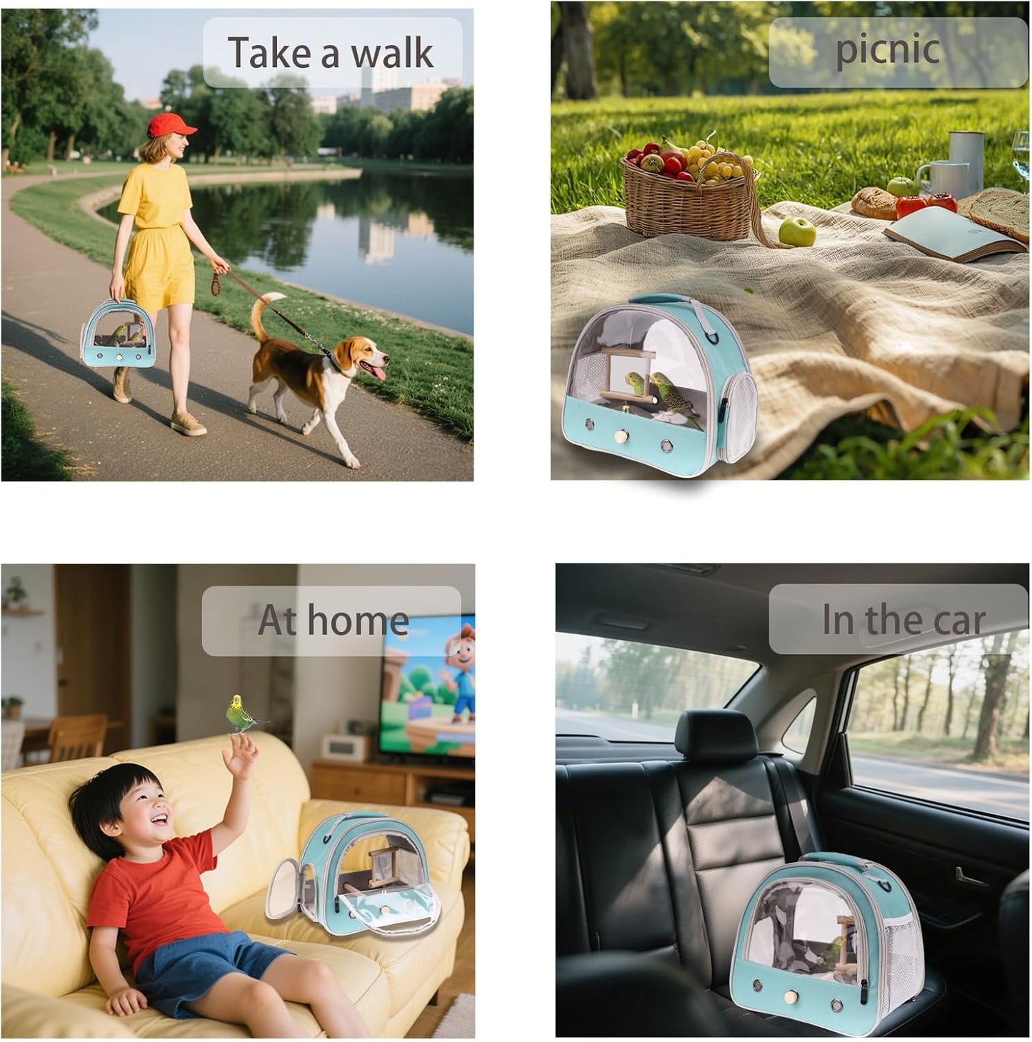 Portable Parrot Travel Cage Carrier with Small Swing Toy&Cage Colorful Toys Set Small Bird Parakeet Bag with Standing Perch Bird Carry Transport Bag (Green, Carrier/Mirror)