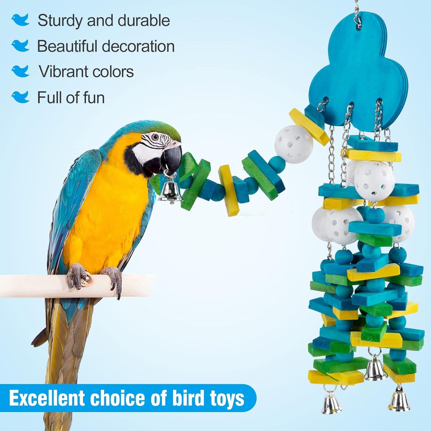 Parrot Toys for Large Birds, Parrots Chew Toy Gift with Colorful Wood Blocks and Bells for Macaws African Grey and Amazon Parrots (Blueberry Style)