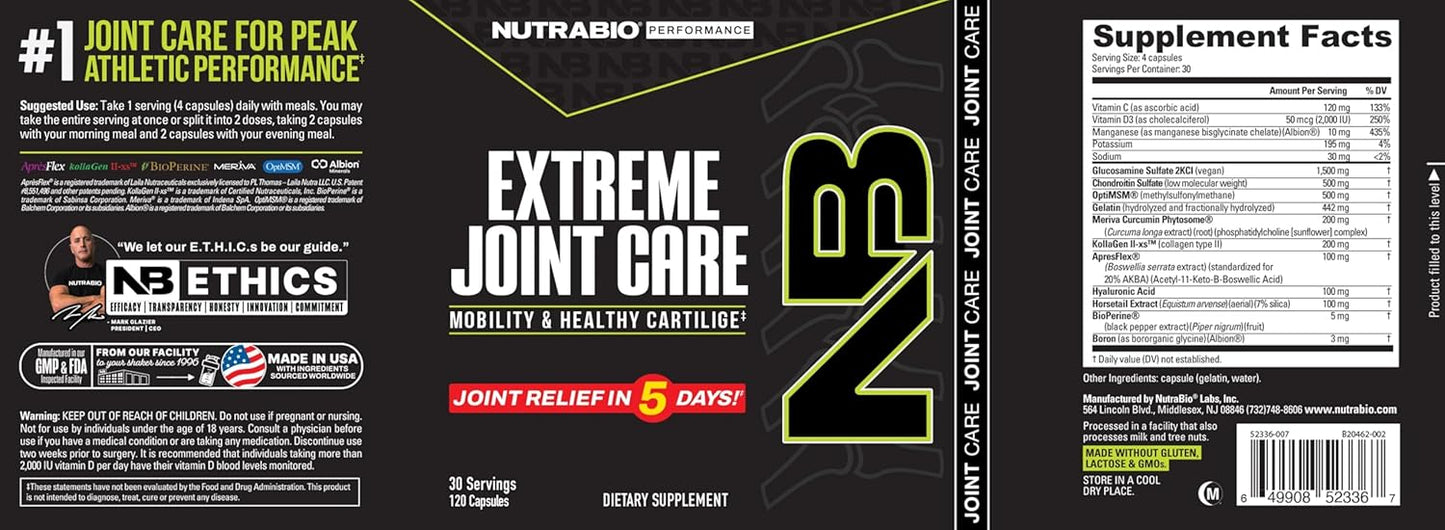 NutraBio Extreme Joint Care - Joint Support Supplement - Joint Health Supplement, Supports Joints, Mobility, and Cartilage - 120 Capsules
