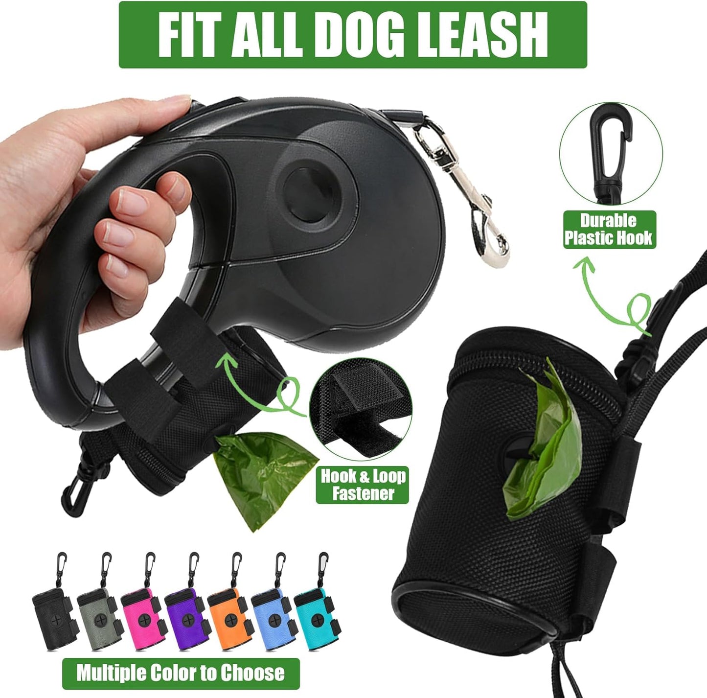 Dog Poop Bag Holder for Leash Attachment - Waste Bag Dispenser for Leash - Fits Any Dog Leash - Portable Set with Hand Free Holder Metal Carrier, Round Shape, Grey