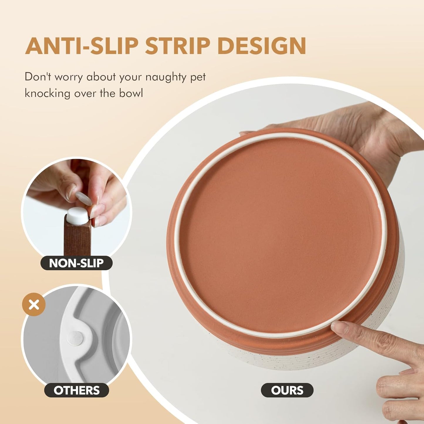 Ceramic 7.3inch Raised Double Dog Bowls Set with Acacia Wood Stand, Food & Water Bowls for Medium Breed Dogs, Weighted Pet Dishes(41oz, Vanilla White)