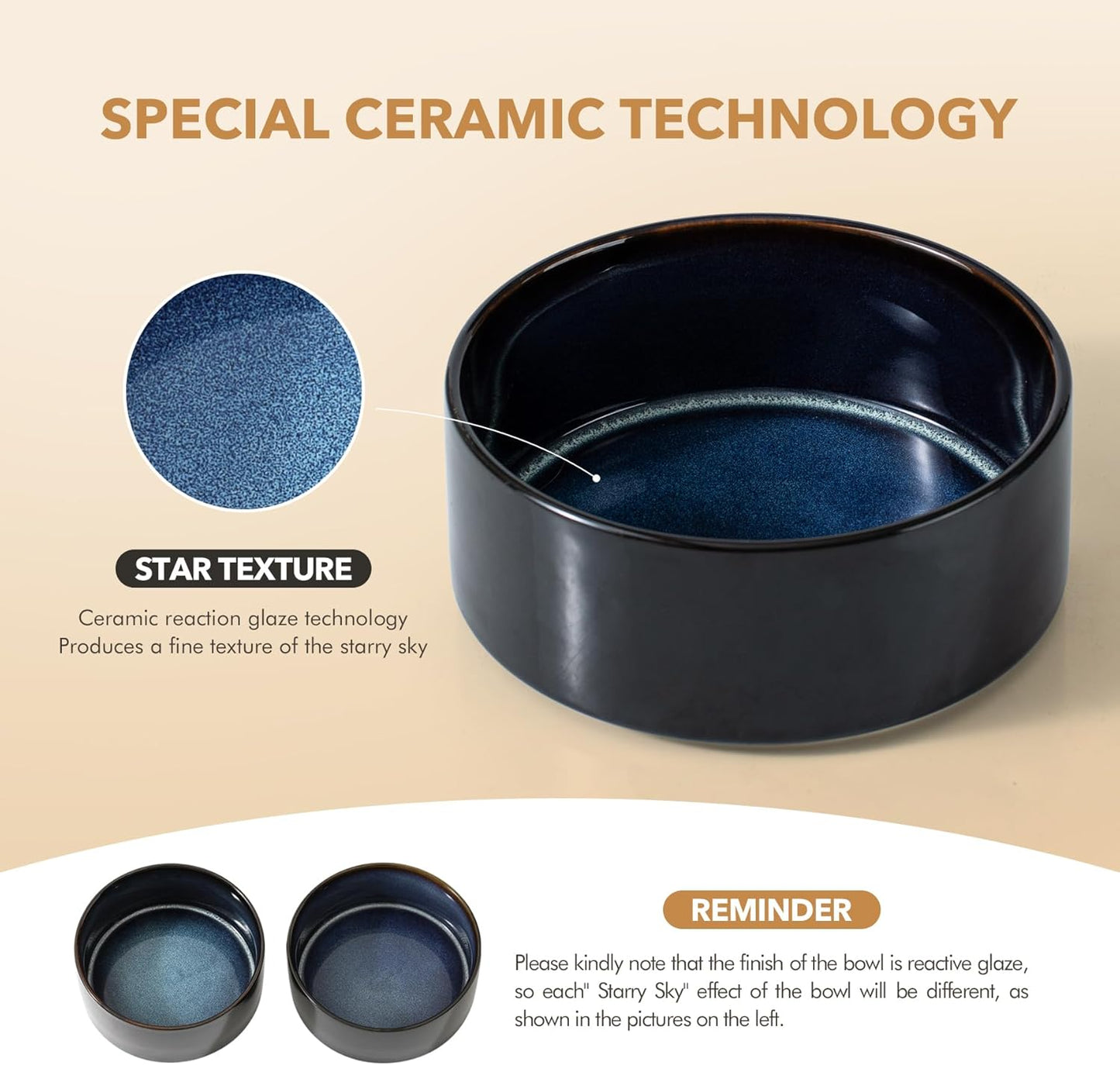 Ceramic 6.1inch Raised Double Dog Bowls Set with Acacia Wood Stand, 2 Heights Elevated, Food & Water Bowls for Small Dogs(28.2oz, Starry Sky)