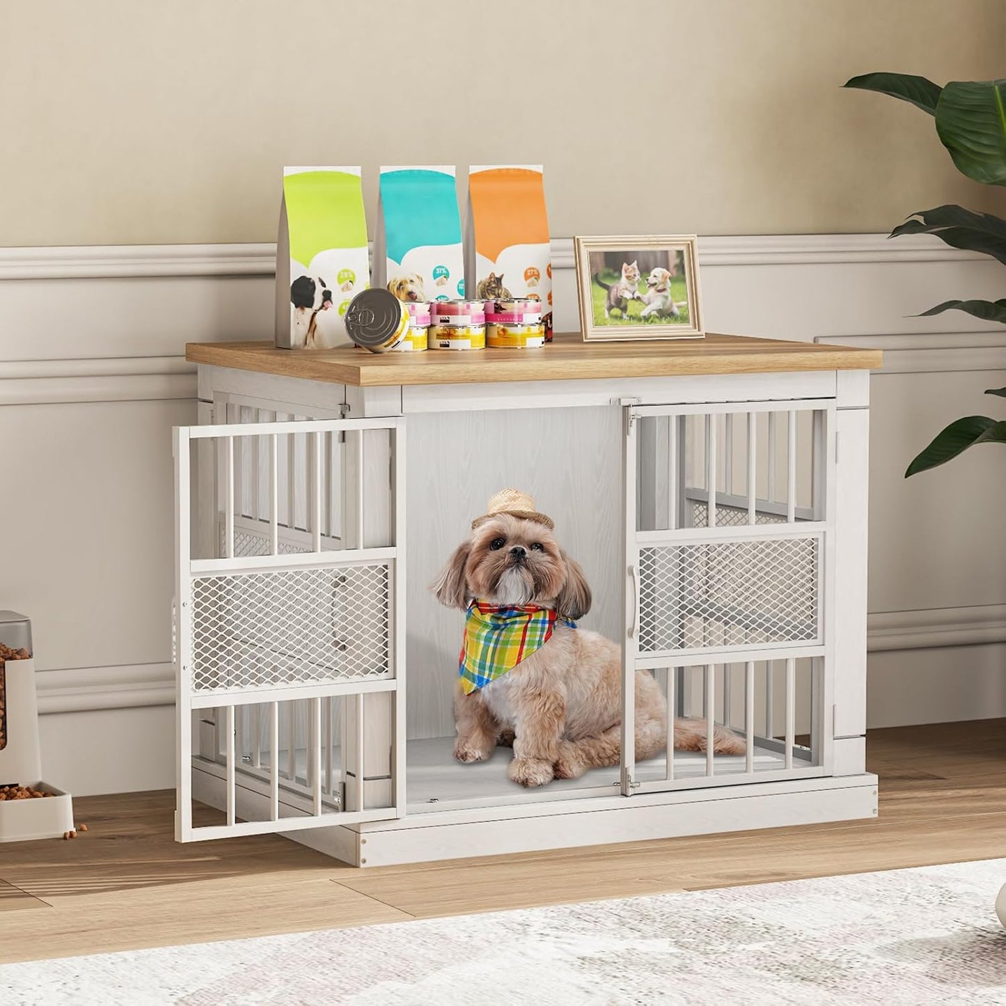 VOPEAK 27.5" Dog Crate Furniture, Chew Resistant Dog Crate for Small Dogs Puppy, Heavy Duty Dog Crates Dog Kennel Cage Indoor with Double Doors, Wooden End Table for Bedroom Living Room, White
