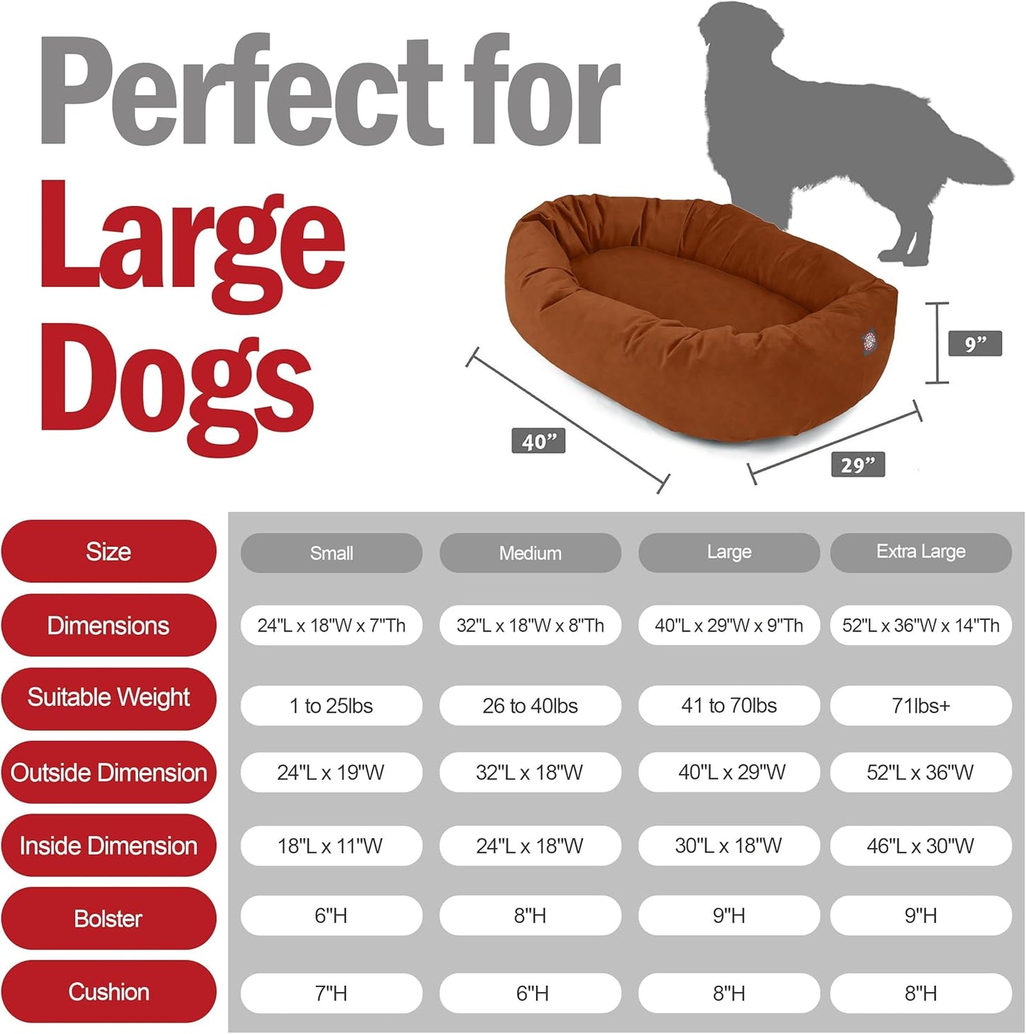 Majestic Pet 40 Inch Suede Calming Dog Bed Washable 40x29x9 (Inch) – Cozy Soft Round Donut Dog Bed with Spine Support for Dogs to Rest Their Head - Pet Bed Large – Rust (2025)