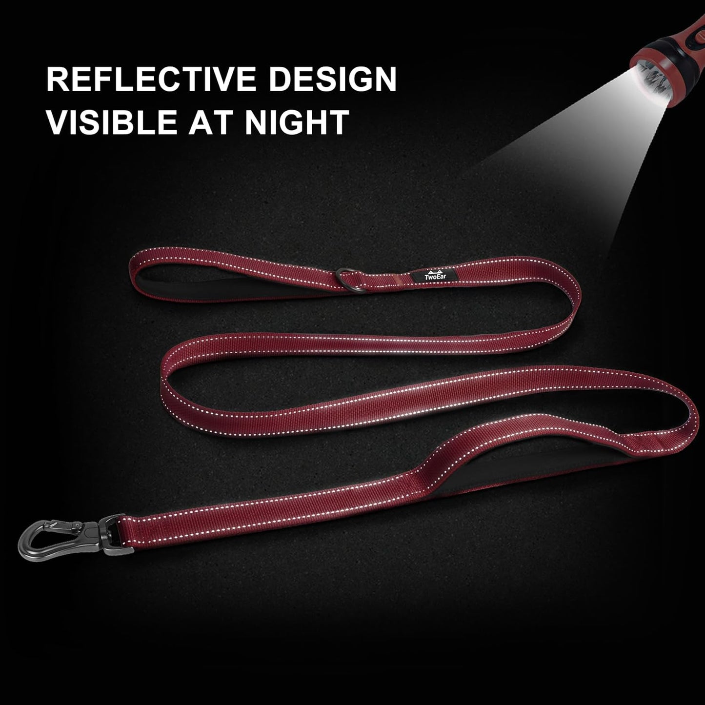 TwoEar 5FT 1IN Strong Red Dog Leash with 2 Padded Handles, Traffic Handle Extra Control, Comfortable Soft Dual Handle, Auto Lock Hook, Reflective Walking Lead for Small Medium and Large Dogs