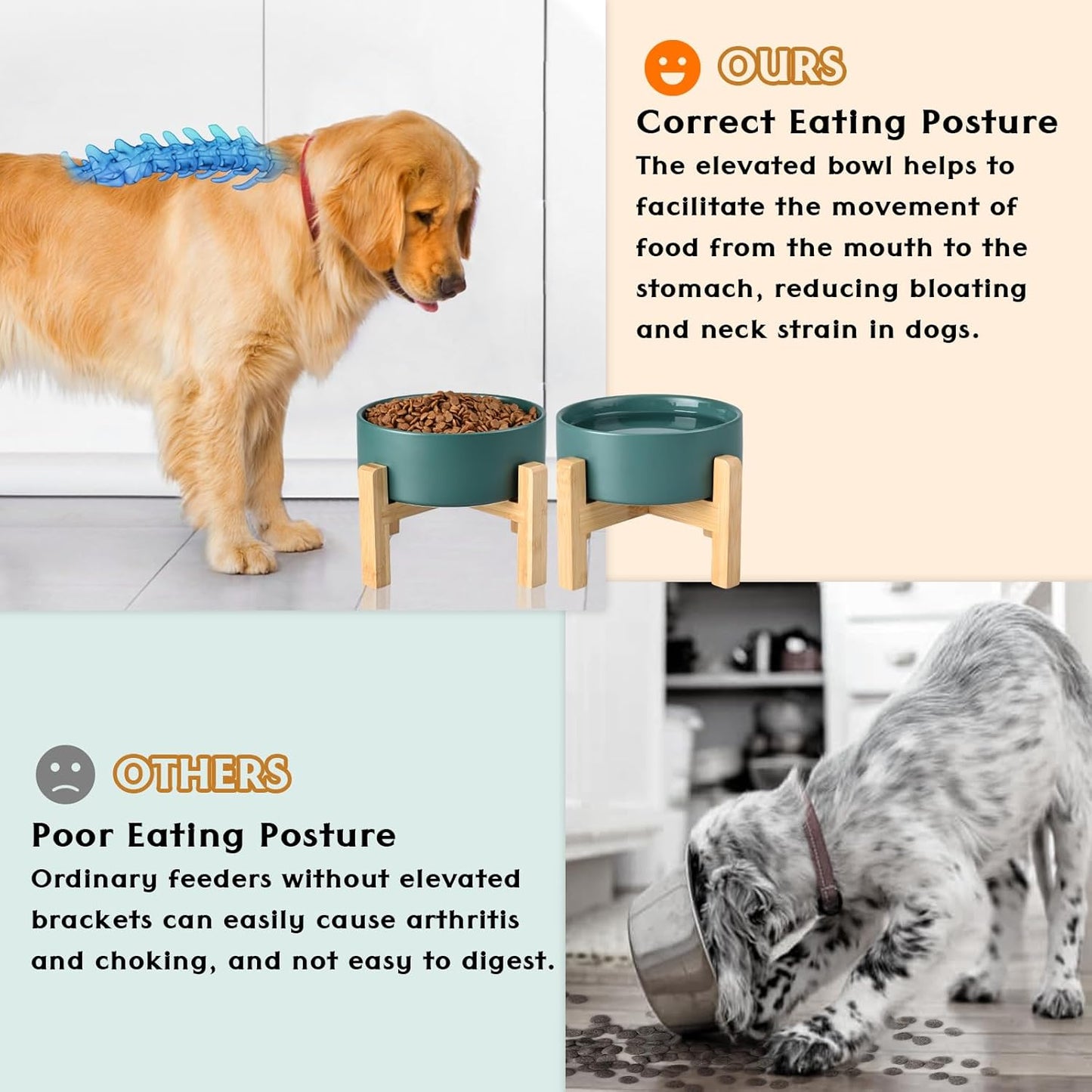 SPUNKYJUNKY Ceramic Elevated Dog Bowls 2 Pack - 5.1inch Raised Dog Bowls with Non-Slip Wooden Stand for Small Dogs Dishwasher Safe(Green,13.5OZ*2)