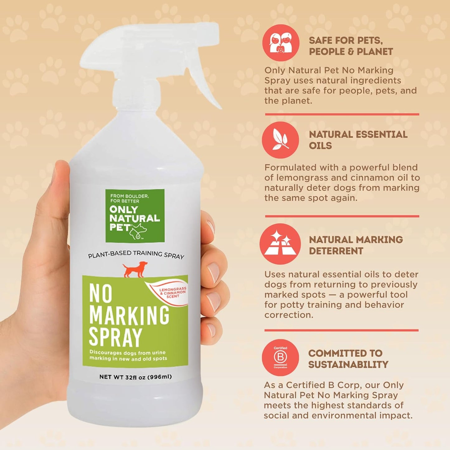 ONLY NATURAL PET No Marking Deterrent Spray for Dogs – Indoor Outdoor Urine Prevention - Stain & Odor Eliminator - Potty Pet Training Aid to Deter Peeing or Marking Carpet or Furniture – 32 Fl Oz