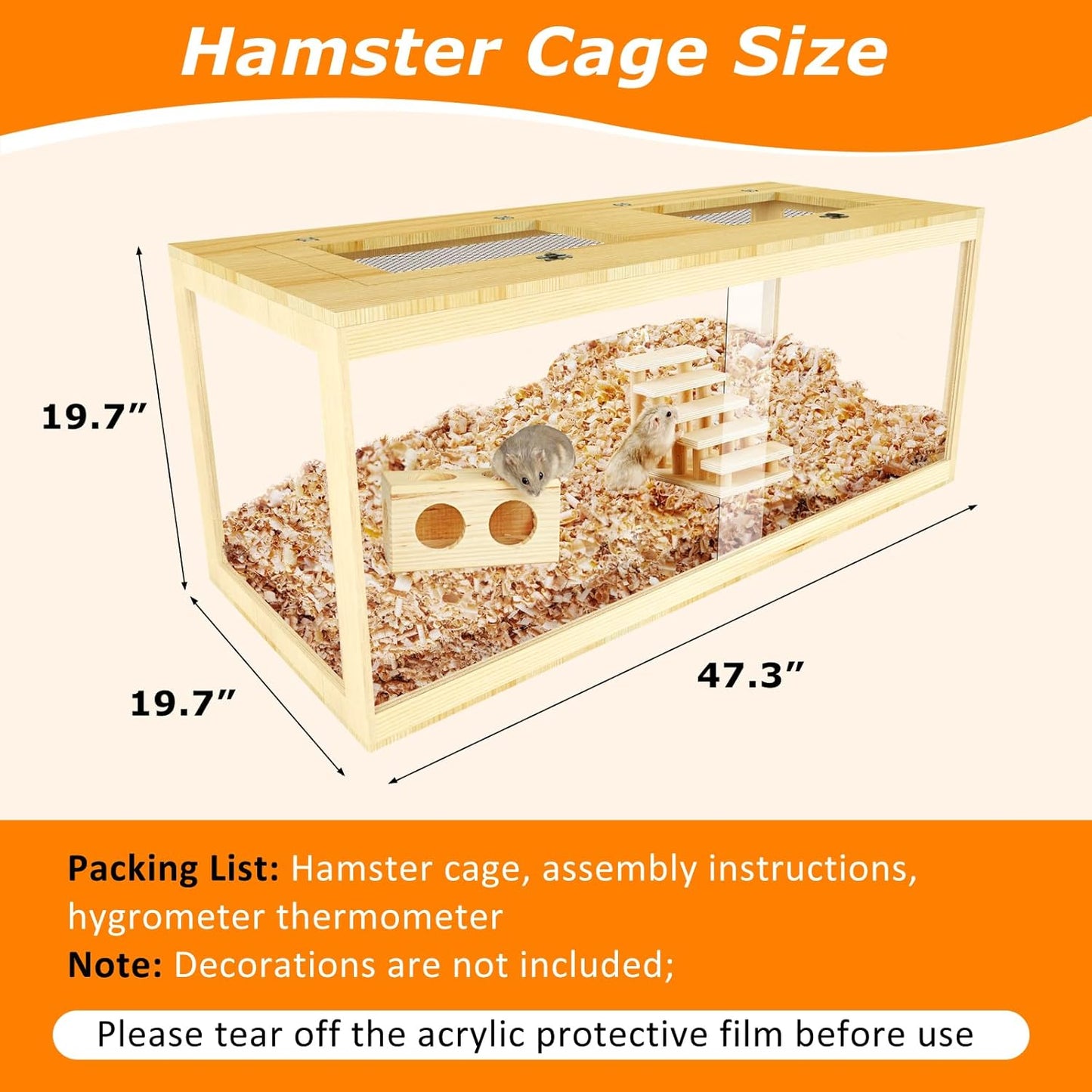 Large Hamster Cage 48", Front Opening Lockable Sliding Door Gerbil Cage, Dwarf Hamster Cage with Metal Mesh Roof, Chewproof Syrian Hamster Habitat Enclosure, (Wooden, 48" L x 20" W x 20" H)