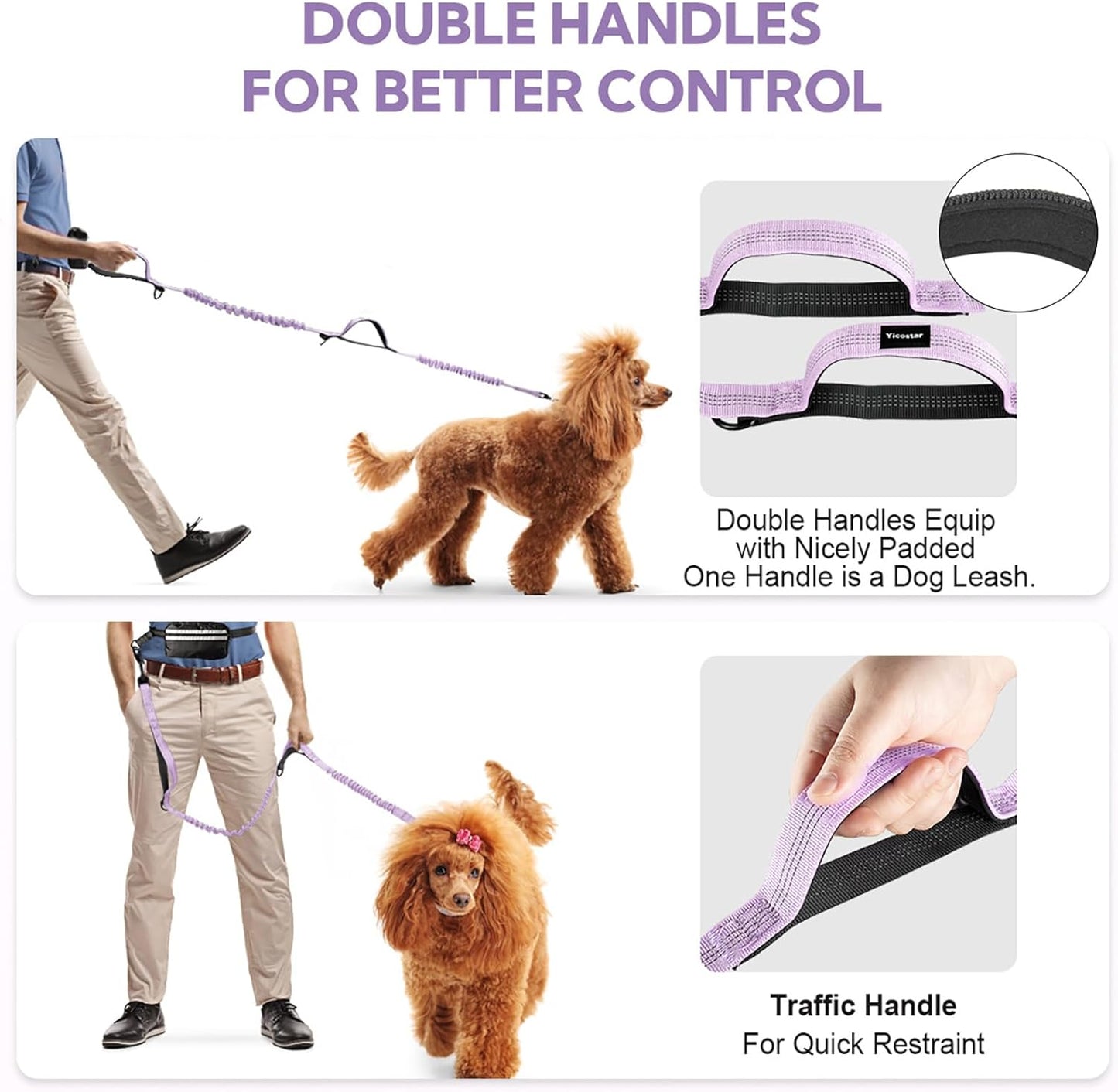 Hands Free Dog Leash, Adjustable Waist Belt with Double Padded Handles,Retractable Bungee, Waist Leash for Dog Walking,Running, No Pull,Purple