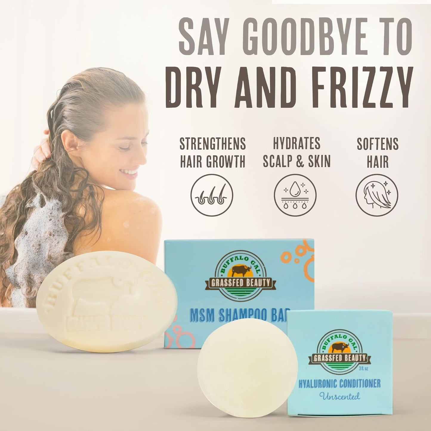 Grassfed Beauty - MSM Shampoo Bar + Hyaluronic Hair Conditioner Bar, Solid Bar Shampoo and Conditioner for Hair Growth, Non-Soap, For All Hair Types, Unscented, Set of 2