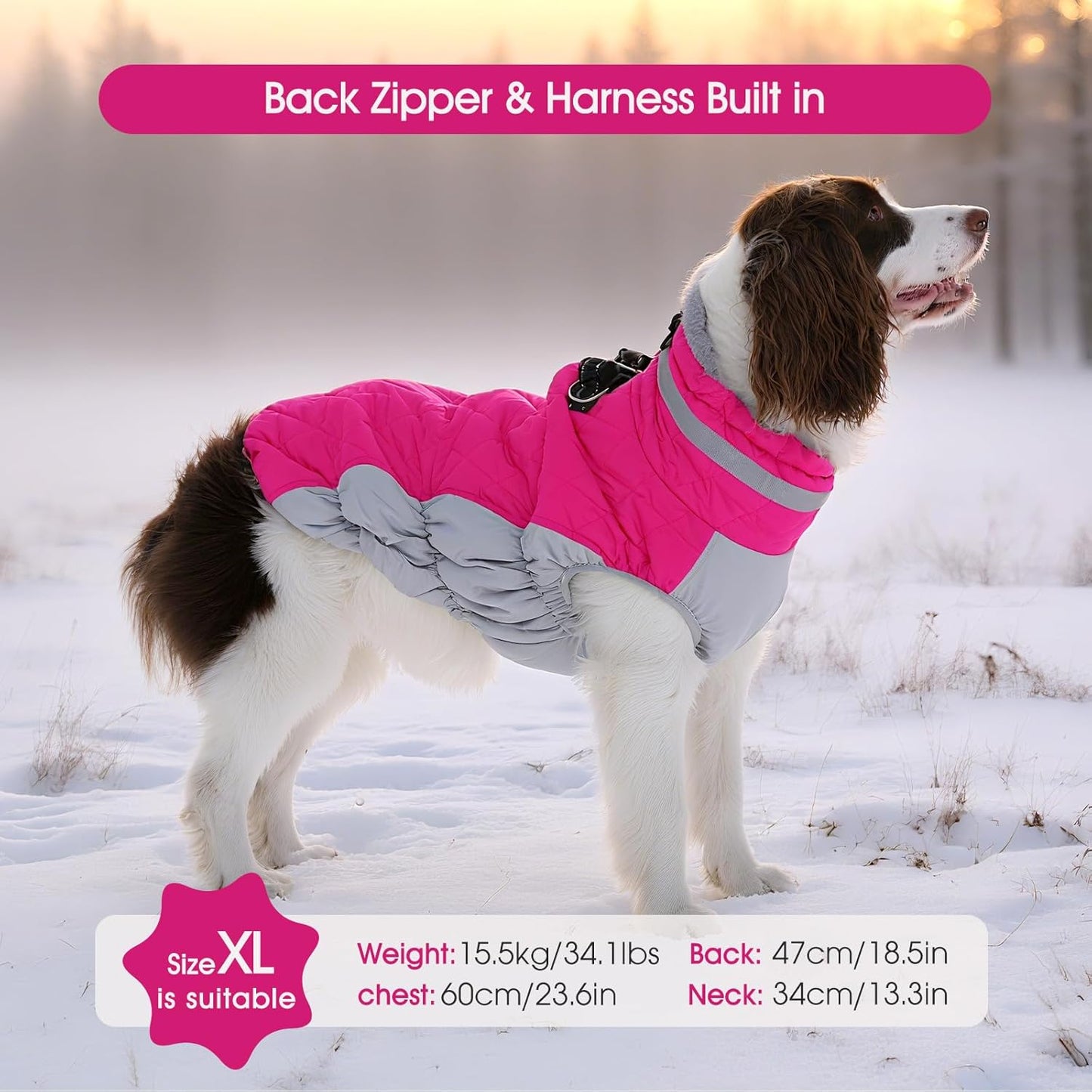 FUAMEY Dog Coat for Large Dogs,Waterproof Dog Winter Jacket with Harness Built in Puppy Cold Weather Coats Reflective Pet Vest with Zipper Warm Fleece Dogs Snowsuit Windproof Pink XXL