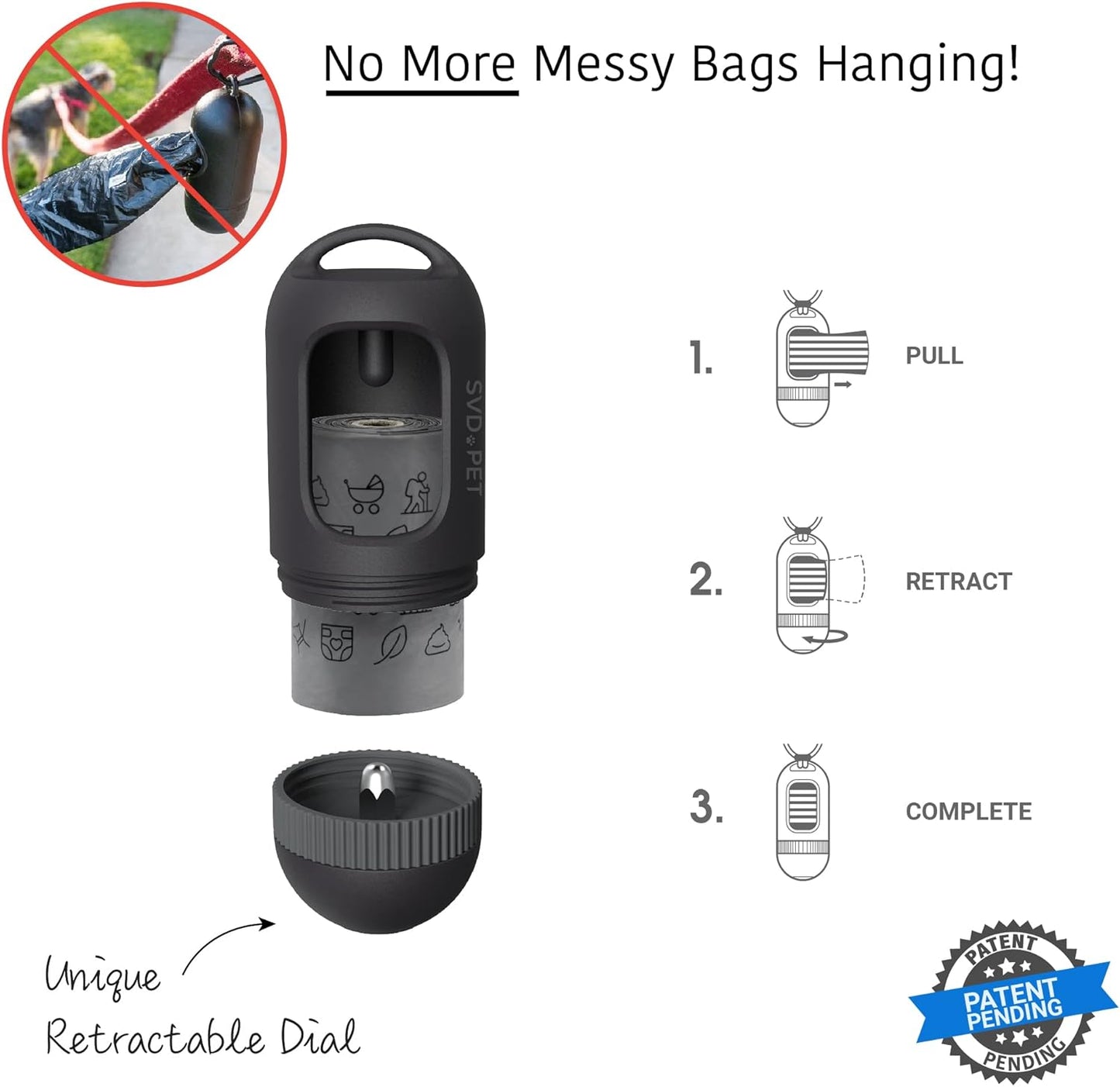 SVD.PET Dog Poop Bag Dispenser, Retractable Waste Bag Fits Any Dog Leash, Leak-Proof Waste Bags, Poop Bag Holder, Doggy Walking Accessory (Black)