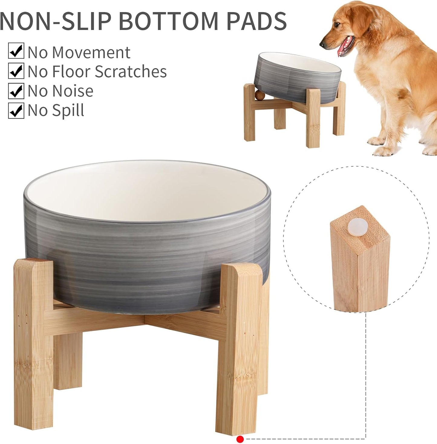 Elevated/Raised 15°Tilted Anti Slip Ceramic Dog Bowls,Slanted Bulldog Pet Food Water Feeding Dish Stand for Cats and Dogs (3.6 Cups/28 OZ) Grey White