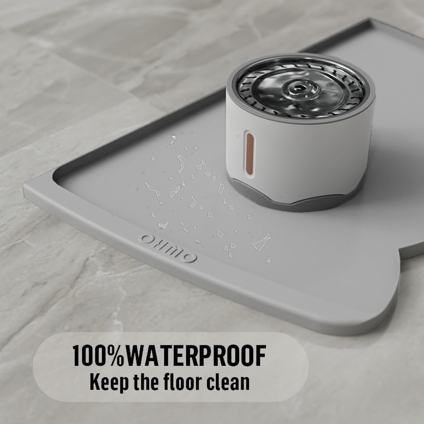 OHMO Dog Food Mat(Ash, 24 * 15'') w/Residue Collection Pocket Silicone Pet Feeding Mat for Floor High Edges Anti Spills Waterproof Cat Water Bowl Tray, Easy Clean Placemat