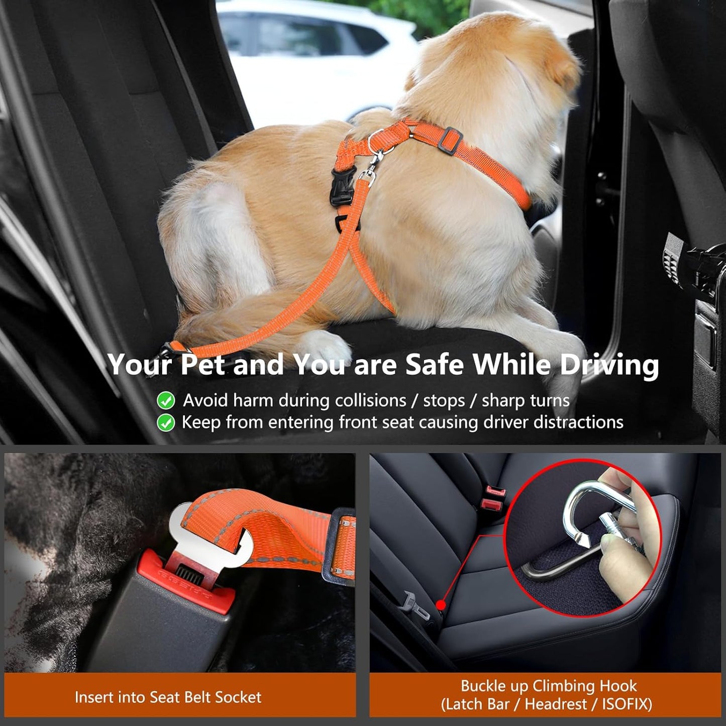 Dog Seat Belt Harness for Car, Dog Car Harness Adjustable Mesh Breathable & Dogs Seatbelt Safety Tether with Elastic Bungee for Small Medium Large Pets(Orange, S)