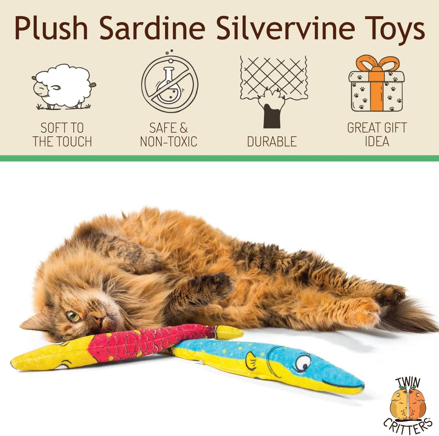 Silvervine Sardine 2-Pack Organic Catnip Substitute Toys for Cats & Kittens | 100% All-Natural Wild Harvested | 2 Refillable Sardine Kicker Cat Toys