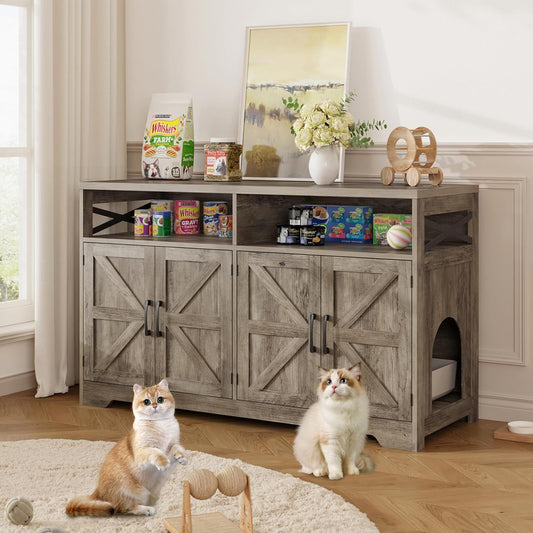 Cat Litter Box Enclosure for 2 Cats, 47" Hidden Litter Box Furniture Cat Washroom with Double Large Room, Farmhouse Indoor Litter Box Cabinet TV Stand, Grey
