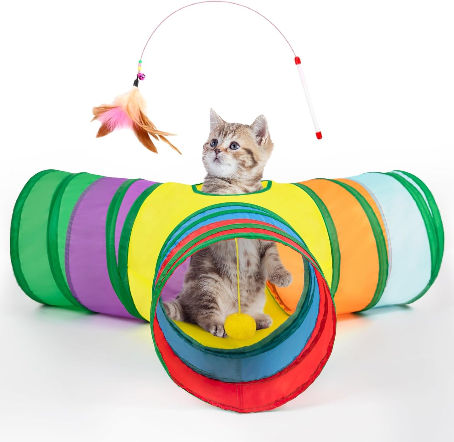 Tempcore Pet Cat Tunnel Tube Cat Toys 3 Way Collapsible, Cat Tunnels for Indoor Cats，Kitty Tunnel Bored Cat Pet Toys Peek Hole Toy Ball Cat, Puppy, Kitty, Kitten, Rabbit Rainbow