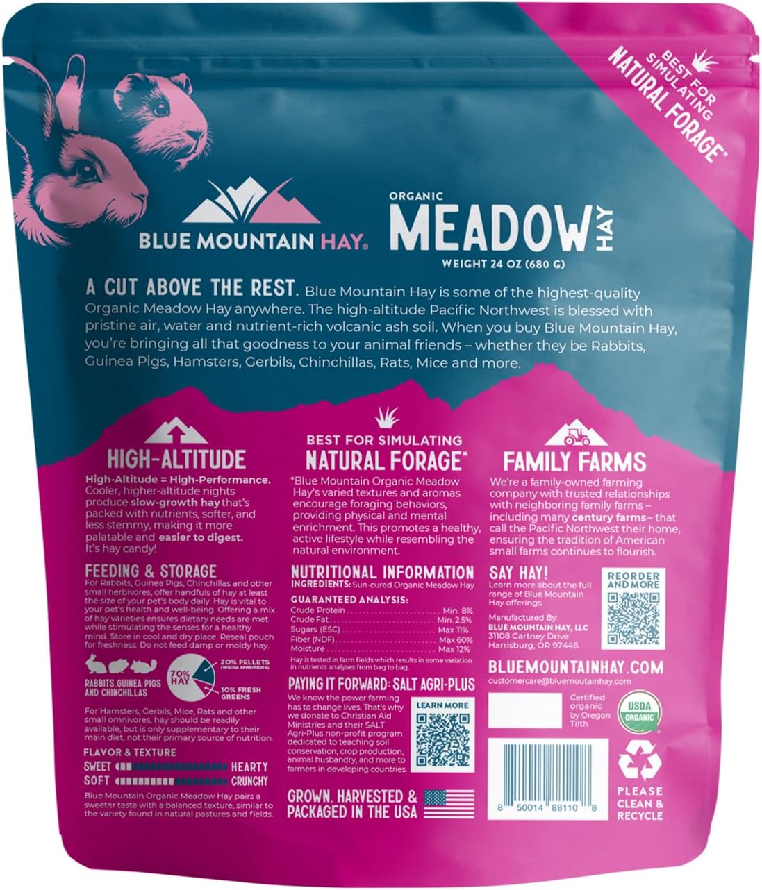 Blue Mountain Hay | Fresh Organic Meadow Hay (24 Ounce) | Mimics Natural Forage | High-Altitude Hay Pet Food for Rabbits, Guinea Pigs, Chinchillas, Hamsters, and Other Small Pets