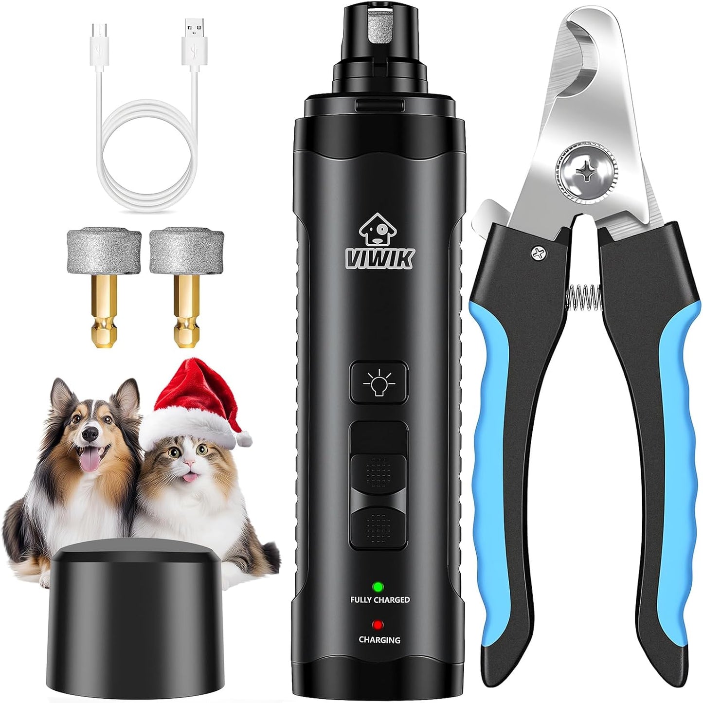 VIWIK Dog Nail Grinder, Dog Nail Trimmers for Large Medium Small Dogs & Cats, Super Quiet Electric Pet Nail Clippers Kit with Light, 2-Speed USB Rechargeable Pet Paws Grooming Tool Black