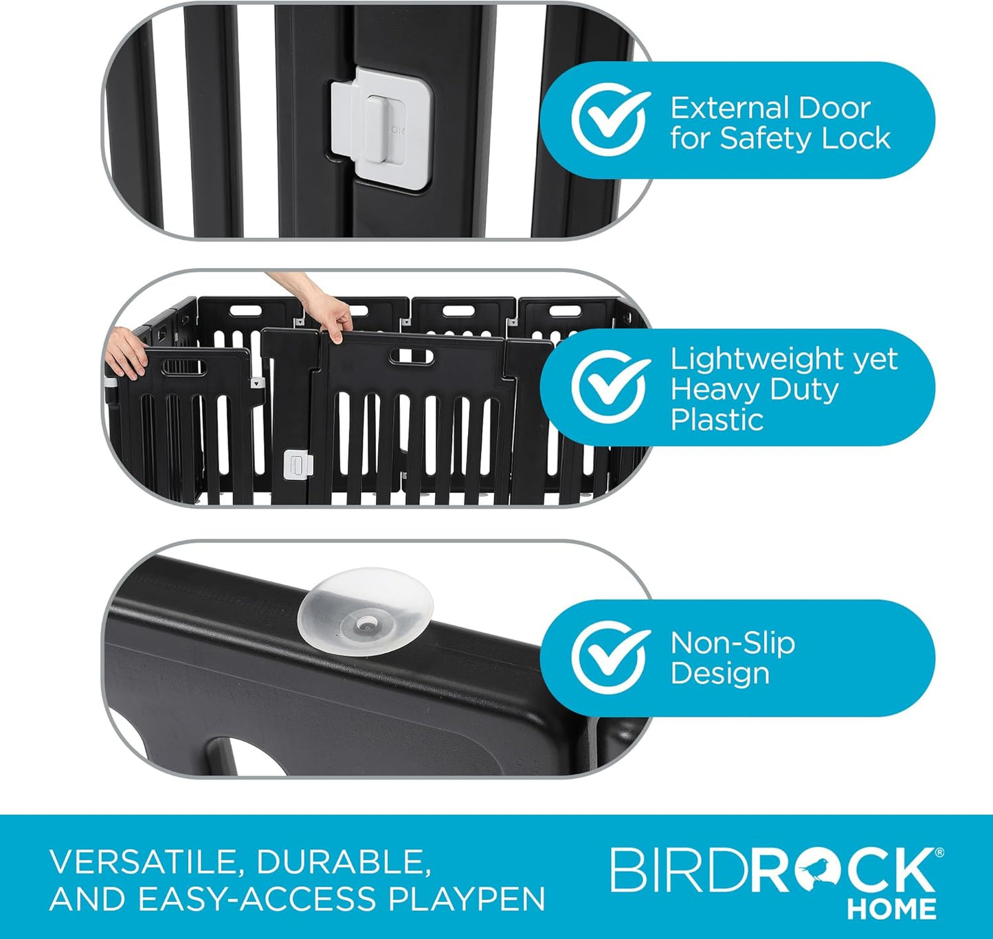 BIRDROCK HOME Dog Playpen w/Door, 12 Panel, 25.6in H | Strong Plastic, Non-Slip Puppy Playpen, Secure Pet Gate | Indoor Outdoor Fence | Configurable Panels | Small to Medium Pets - Black