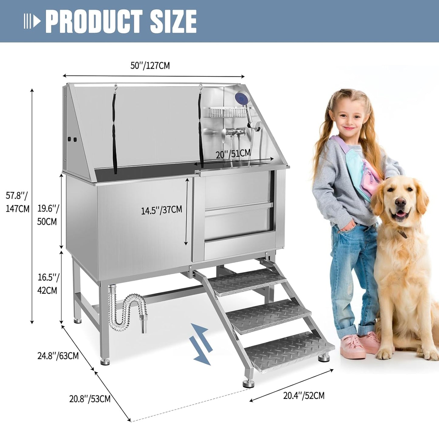 50" Dog Washing Station, Professional Stainless Steel Dog Bathing Station, Equipped/W Three Anti-Slip Steps, Removable Door, Upgraded Spray Nozzle&Hose - for Home, Pet Grooming Salon (50" Right ramp)