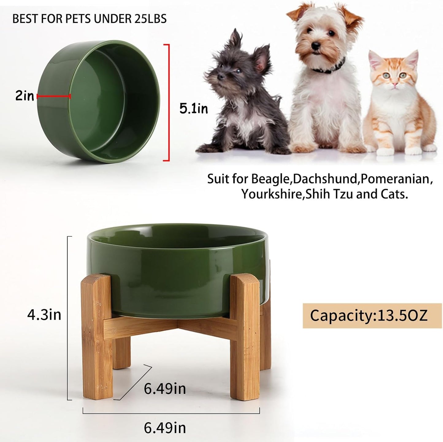 Petygooing Rust Green Elevated/Raised Ceramic Dog Bowl for Small Breeds, Dog Food Water Dish with Stand,Pet Feeding Bowl with Anti Slip Rubber for Cats and Small Dogs Puppy 13.5 OZ (5.1In / 1.7 Cups)