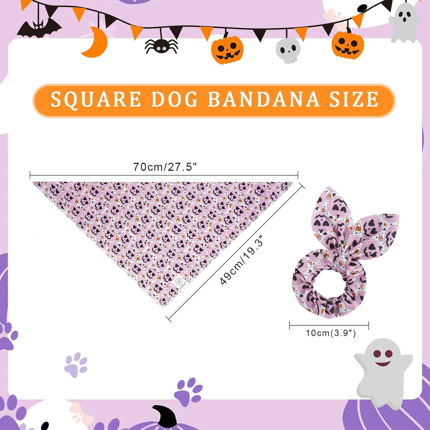 E-Clover Halloween Dog Bandanas & Matching Scrunchie Set Girl Cute Pink Pumpkin Dog Scarf Bibs Pet Bandana with Bow Tie for Medium Large Dogs Owner Mom