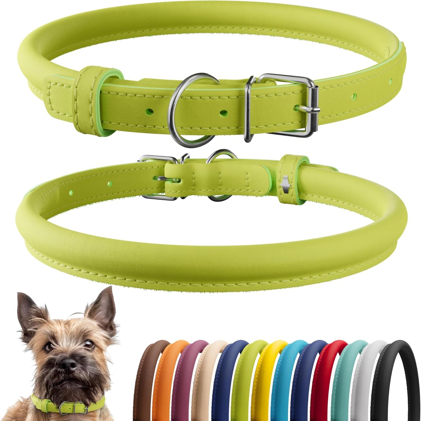 CollarDirect Rolled Leather Dog Collar, Soft Padded Round Puppy Collar, Handmade Genuine Leather Collar Dog Small Large Cat Collars 13 Colors (8-11 Inch, Lime Green Smooth)
