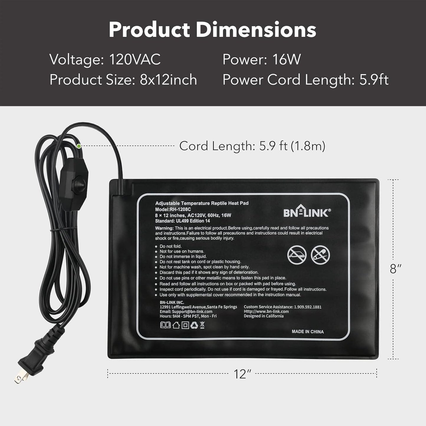 BN-LINK Reptile Heating Pad 8" X 12" with Adjust Knob, Adjustable Temperature Electric Indoor Under Tank Terrarium Heating Mat Waterproof for Turtles, Lizards, Frogs, and Other Reptiles