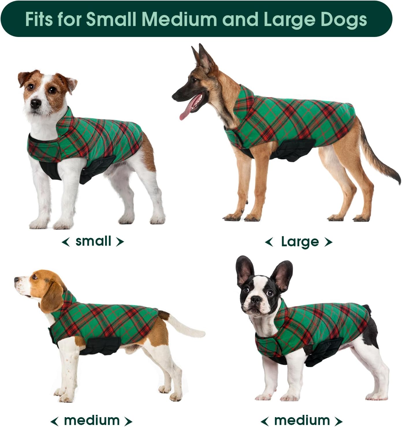 Kuoser Waterproof Dog Coat, Reversible Dog Jacket for Medium Dogs, Adjustable Durable Doggie Winter Coat Warm Puppy Cold Weather Apparel from Small to Large Breed, Christmas Green M