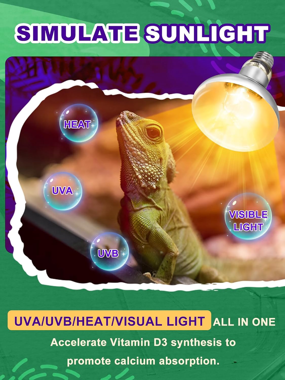 Heat Lamp Bulb, 100 Watt Full Spectrum UVA UVB Reptile Heat Bulb, Basking Spot Light, Simulate Natural Sun Light for Reptile and Amphibian