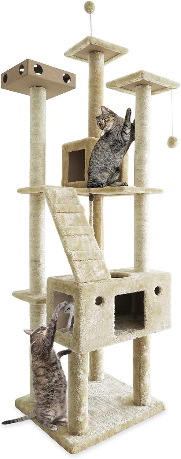 Furhaven 69.3" Tall Cat Tree for Indoor Cats, Ft. Sisal Scratching Posts, 2x Cat Condos, & Toys - Tiger Tough Double Decker Interactive Playground Tower - Cream, One Size