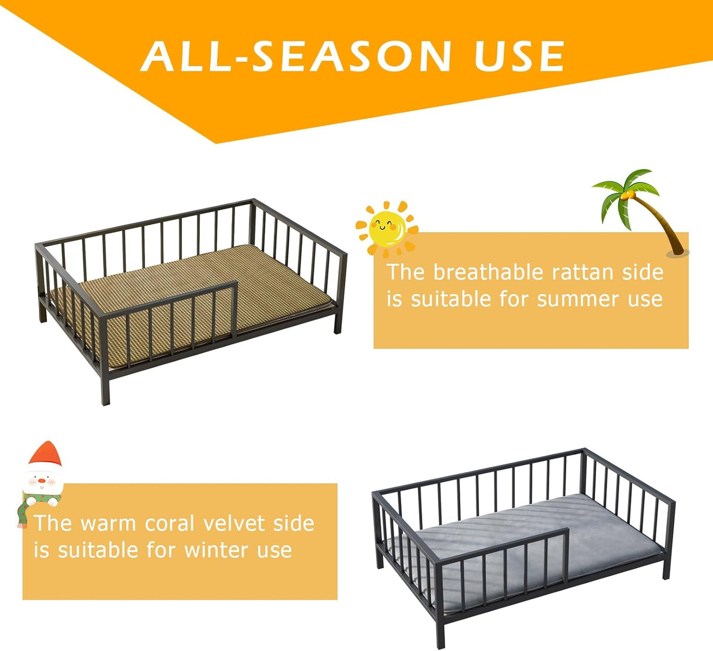 Dog Bed with Rails - Elevated Pet Metal Bed Frame with Solid Wood Board and Washable Soft Mat for Medium Dog Indoor or Outdoor Use, 25.2" x 37.8", Black