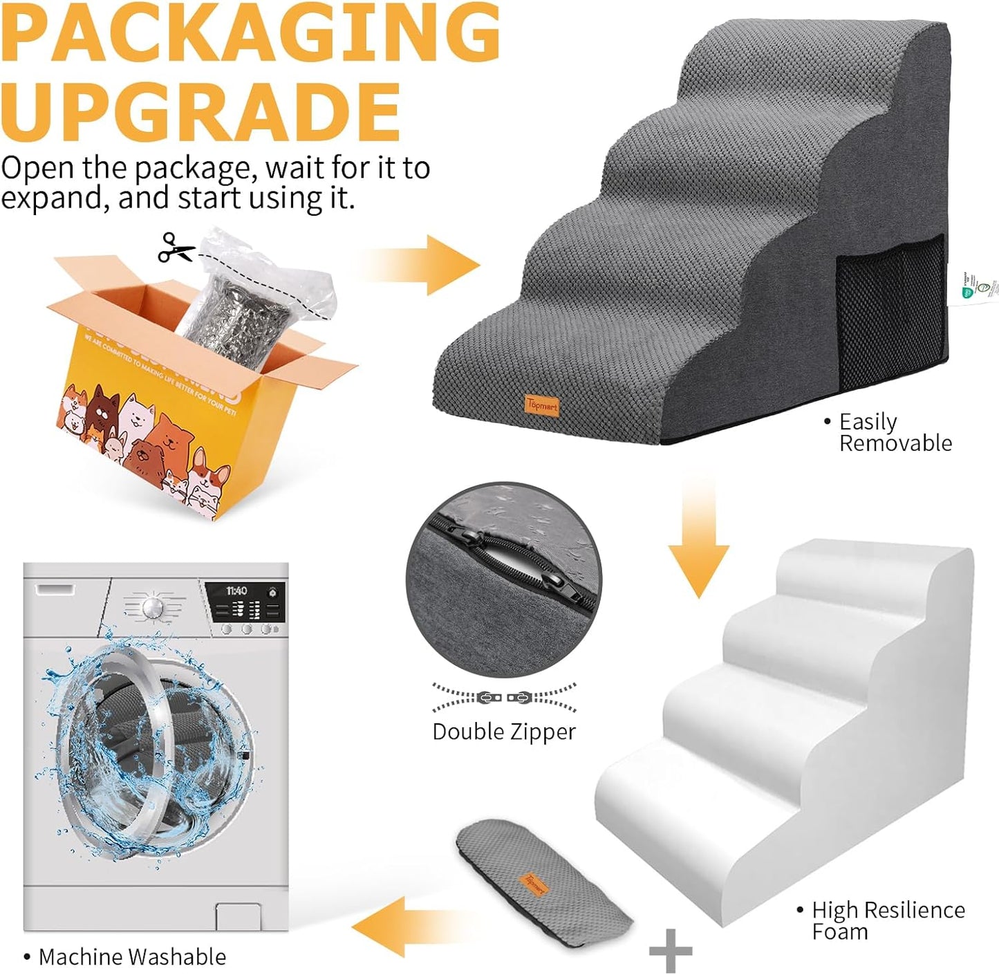 Topmart High Density Foam Dog Steps 4 Tiers,Extra Wide Deep Pet Steps,Non-Slip Dog Stairs Ramp for Bed,Soft Foam Cat Ladder,Best for Older Injured,Older Pets,Cats with Joint Pain