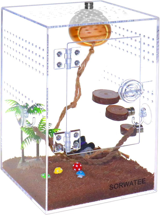 Spider Terrarium Kit, Jumping Spider Enclosure with Hideout, Rope Bridge, Ledge Ladder, Micro Habitat Terrarium for Small Tree Dwelling Reptiles, Arboreal Tarantula Enclosure (6x6x9 Inches)
