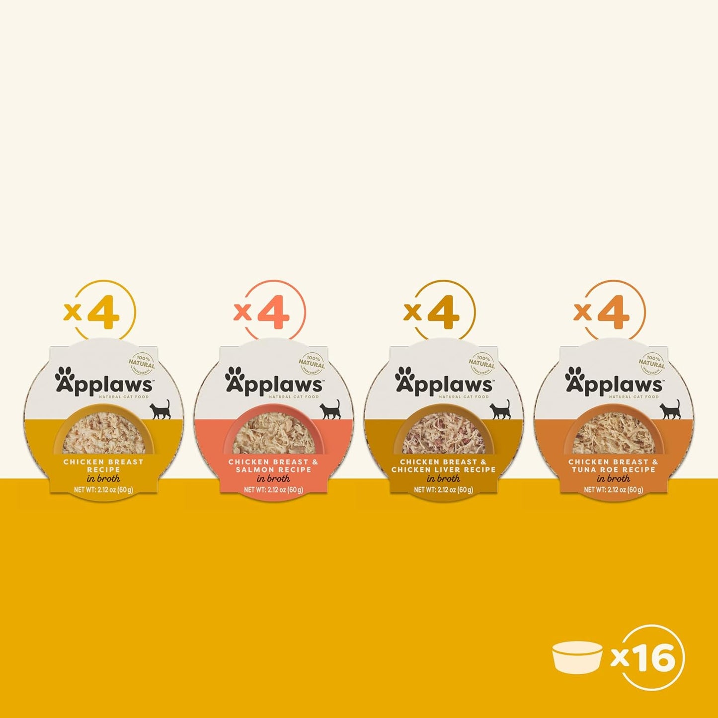 Applaws Natural Wet Cat Food, Limited Ingredient, Grain-Free, Protein with No Artificial Additives, Variety Chicken Selection in Broth (16 x 2.12 oz Easy-Open Cups)