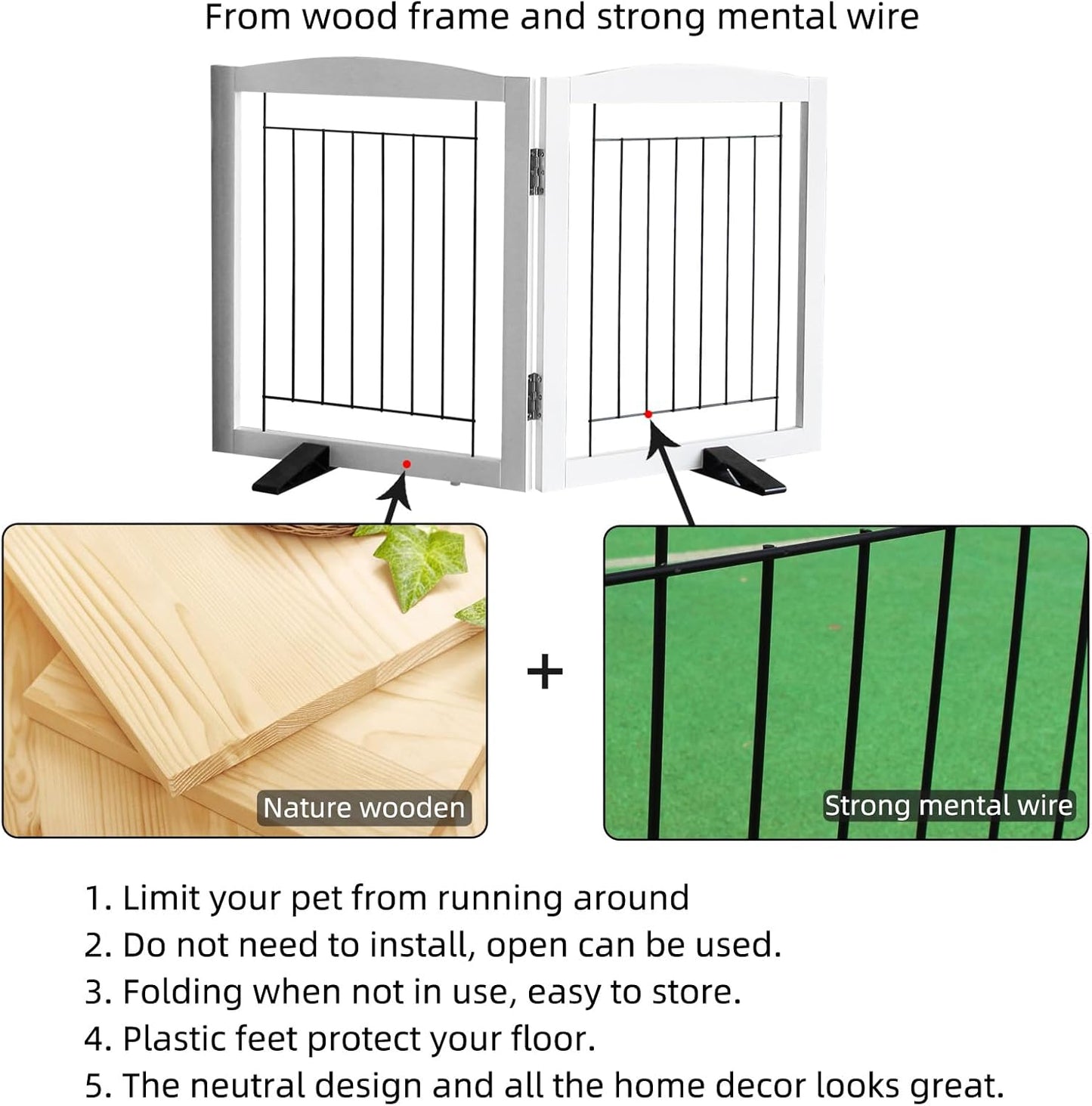 ZJSF Freestanding Dog Fence Indoor, Foldable Dog Gate for Doorways, Stairs or Hallways, Sturdy Wood Extra Wide Pet Gate with Support Feet for The House, White, 32 "Height-2 Panels