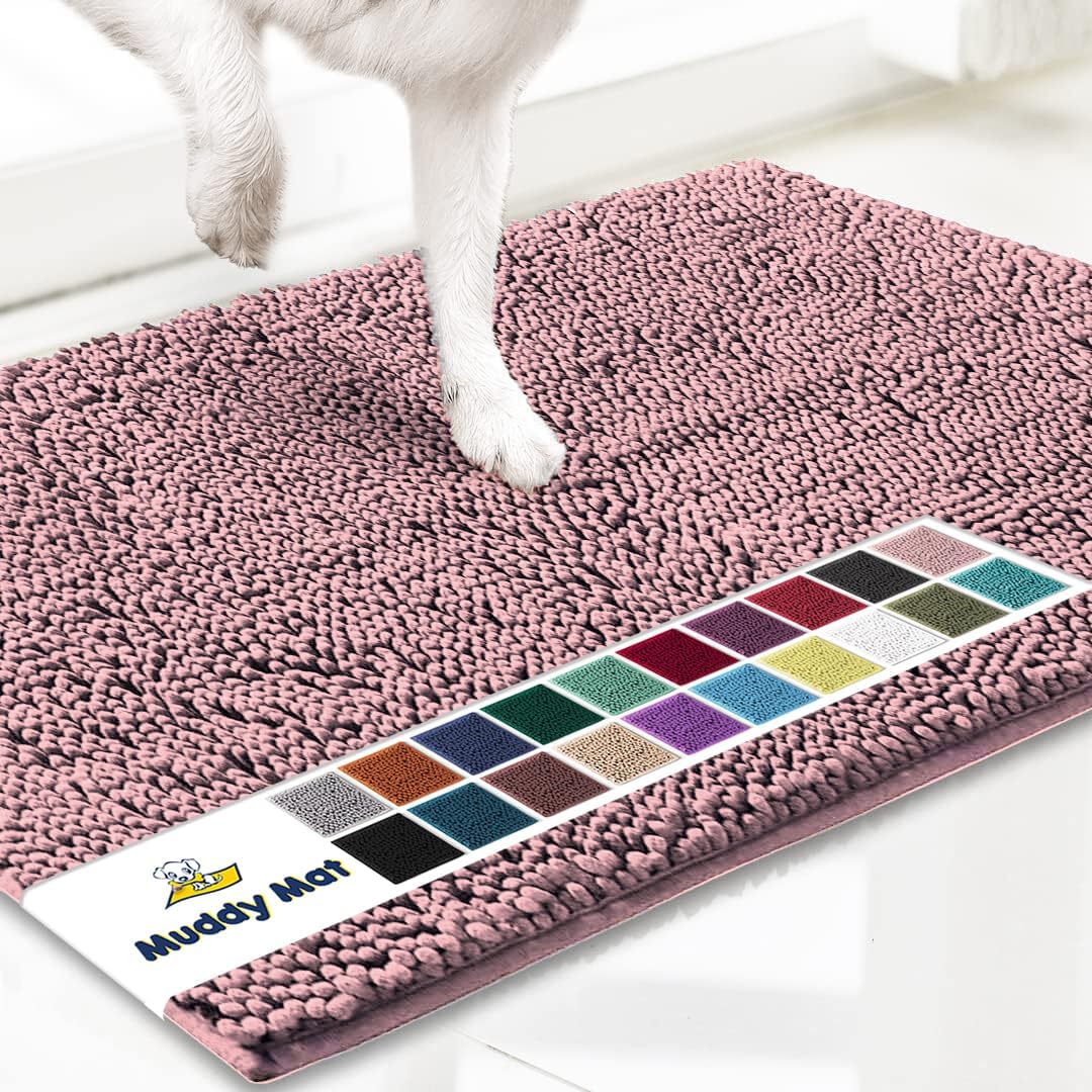 Muddy Mat® AS-SEEN-ON-TV Highly Absorbent Microfiber Door Mat and Pet Rug, Non Slip Thick Washable Area and Bath Mat Soft Chenille for Kitchen Bedroom Indoor and Outdoor - Light Pink 24" x 72"